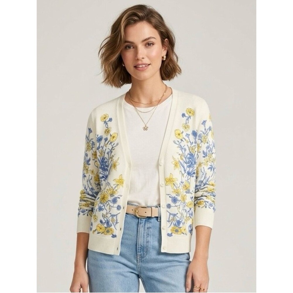 Talbots White Floral V-Neck Cardigan Sweater - Yellow & Blue